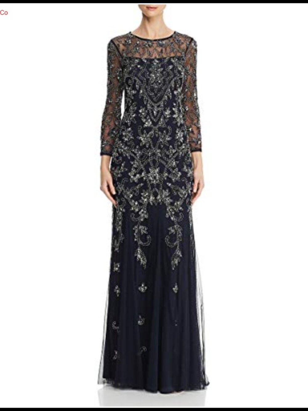 Long Sleeve Beaded Formal Evening Gown 3/4 Sleeves Boat Neck A-Line